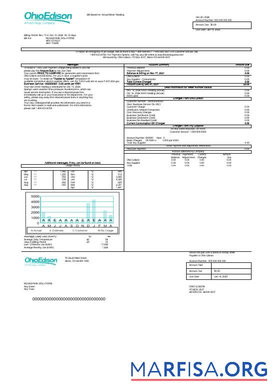 Realistic USA Ohio Edison business utility bill Word and PDF template